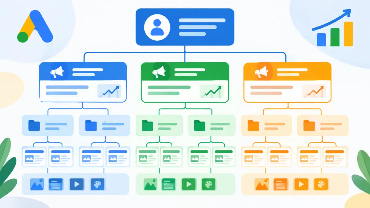 Google Ads Account Structure explained with campaigns, ad groups, ads and assets